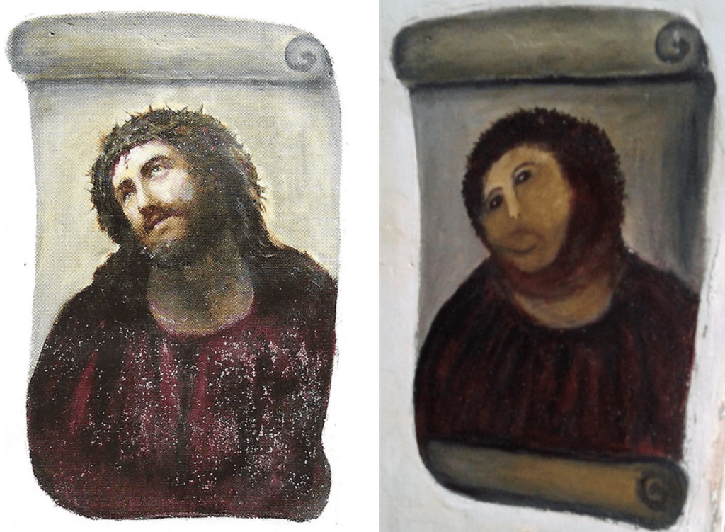 Left image: Ecce Homo by Elias Garcia Martinez. Right image: Restoration attempt by Cecilia Giménez.