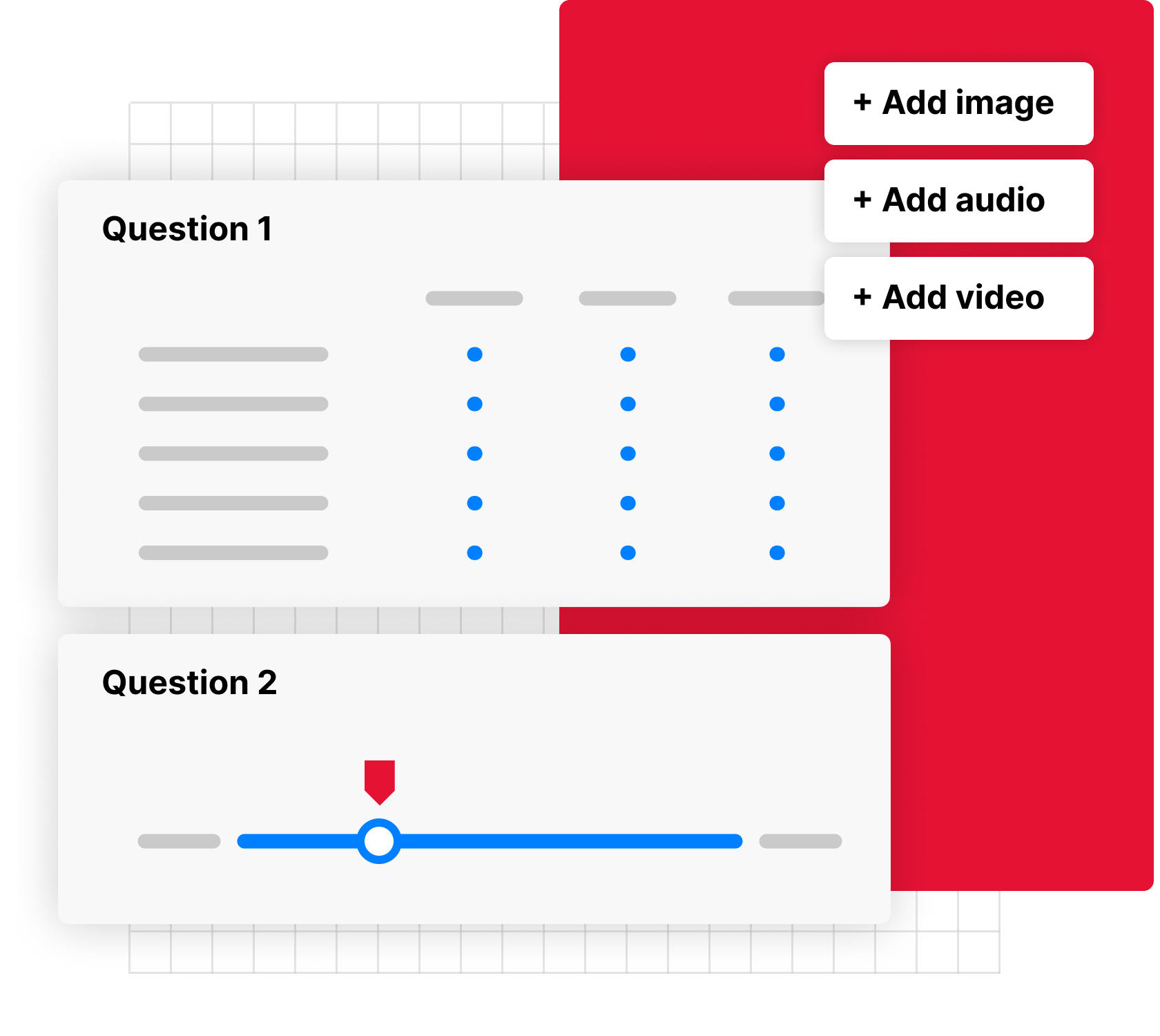 Gorilla Questionnaire Builder Infographic, showcasing sophisticated survey options: images, audio and video display items and multiple choice grid and sliders responses.