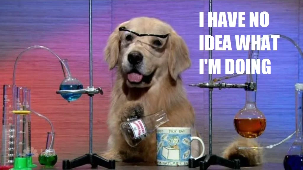 Image of the ‘I have no idea what I’m doing’ dog in a science lab.