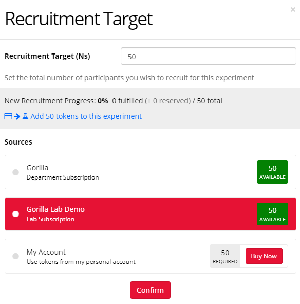 A screenshot of the Recruitment Target window, where users can request tokens.