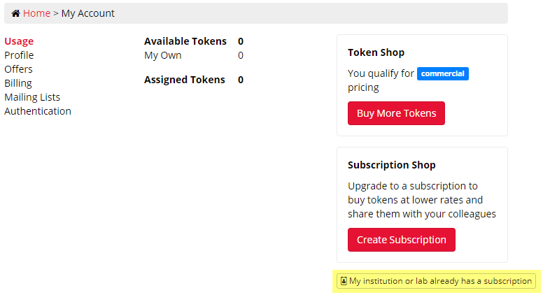 A screenshot of My Account, the 'My institution or lab already has a subscription' button has been highlighted.