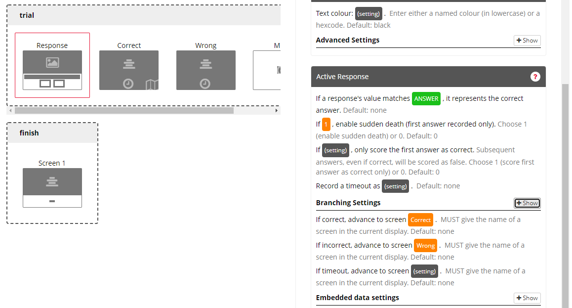 A screenshot of the Active Response settings, with Branching implemented in Task Builder 1.