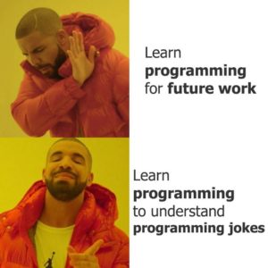 The Drake Meme: He's not fond of learning to program for future work, but very fond of understanding programming jokes